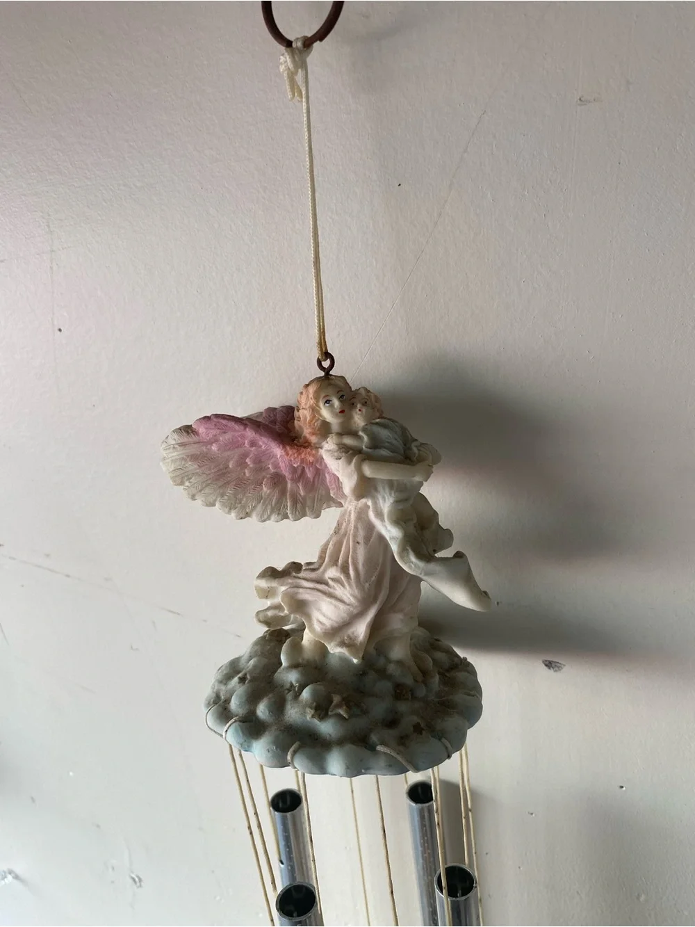 Vintage Resin Angel Holding Baby Wind Chime Cloud Stars Cherub Decor